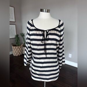 White House Black Market Career Casual Popover Blouse Top Striped Tan/Black LG